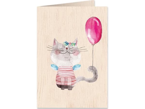 Cozywood Wooden pass C6 + envelope Cat with a balloon