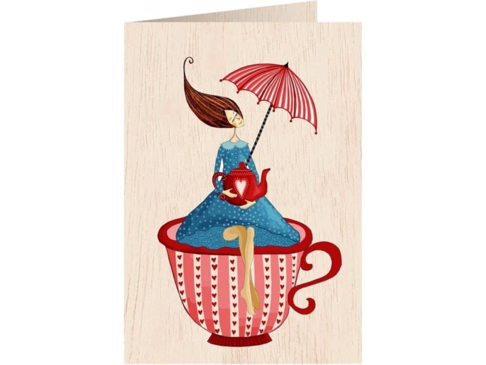 Cozywood Wooden pass C6 + envelope. Woman in a cup