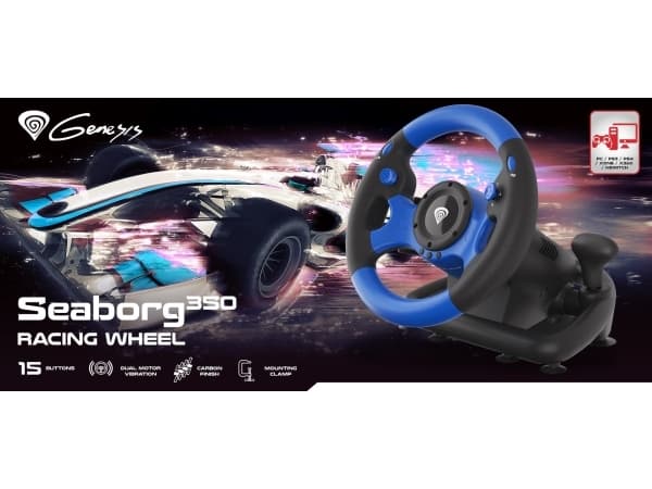 Natec Genesis SEABORG 350, Ratt + Pedaler, Nintendo Switch,PC,PlayStation 4,Playstation 3,Xbox 360,Xbox One, 180°, Kabel, USB, USB Type-A
