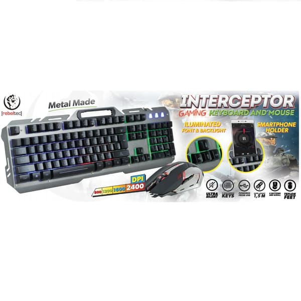 Rebeltec INTERCEPTOR Gaming LED Tangentbord + Optisk Mus - METAL