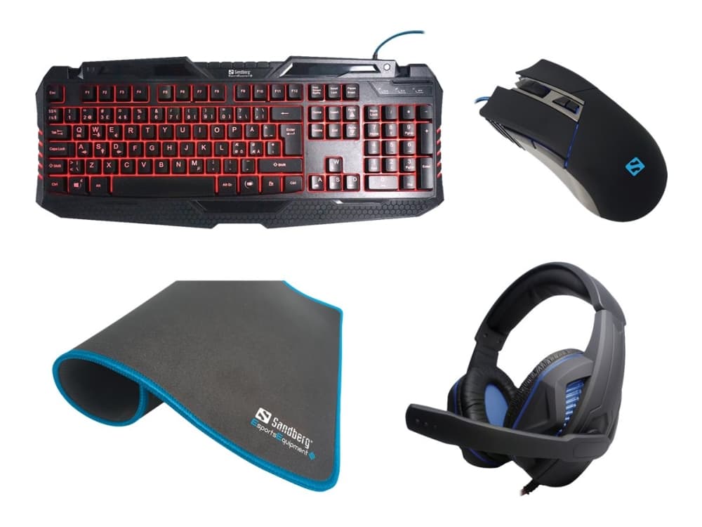 Sandberg Gaming Starter Kit - Sats med tangentbord och mus - bakgrundsbelyst - USB - nordisk - med USB-headset, musdyna för gaming