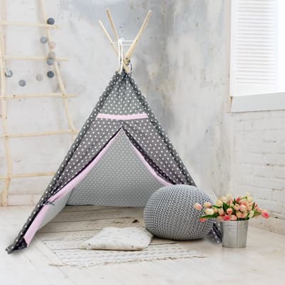 ECD Germany Tipi Indian tältlek för barn 115x115x160 cm tillverkad av polyestergrå med vita stjärnor, rosa dörrpaneler med förvaringspåse - barns tält