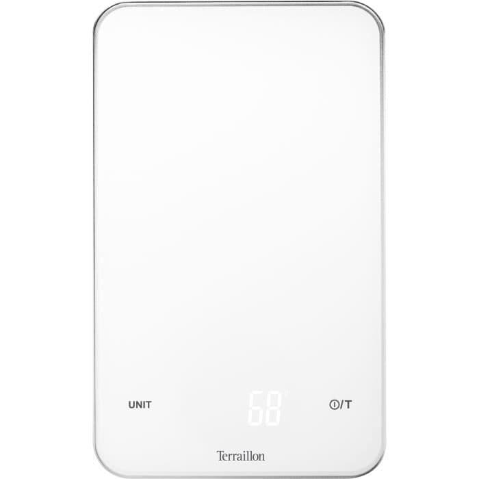 TERRAILLON 14455 - Vit kulinarisk skala - 5KG - Glas - Magisk LED - Tare - Känsliga knappar - konvertering G / ML / LB.OZ / FL.OZ