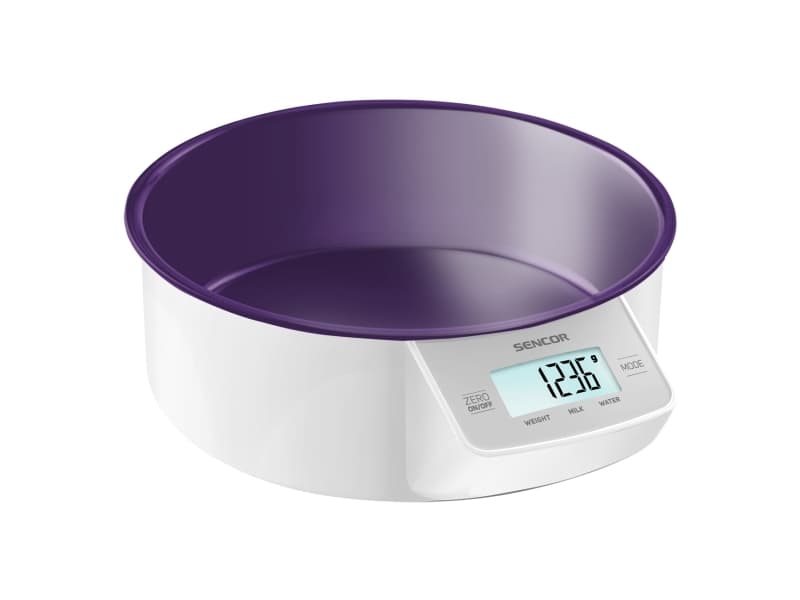 Sencor SKS 4004, Elektronisk kjøkkenvekt, 5 kg, 1 g, Lilla, 4 sensorer, LCD