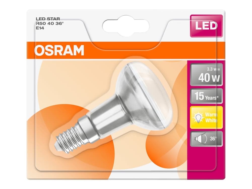 OSRAM LED STAR - LED-glödlampa med reflektor - form: R50 - E14 - 3.3 W (motsvarande 40 W) - klass A+ - varmt vitt ljus - 2700 K