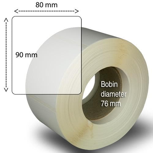 Etiketter på rulle, självhäftande, högblanka för bläck, plastmaterial, 80-90 mm,