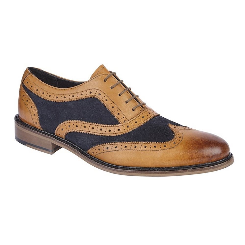Roamers Mens Leather And Suede 5 Eye Wing Cap Oxford Brogue Shoe