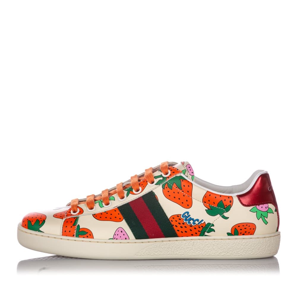 Pre-owned Gucci Web Strawberry Ace Leather Sneaker White