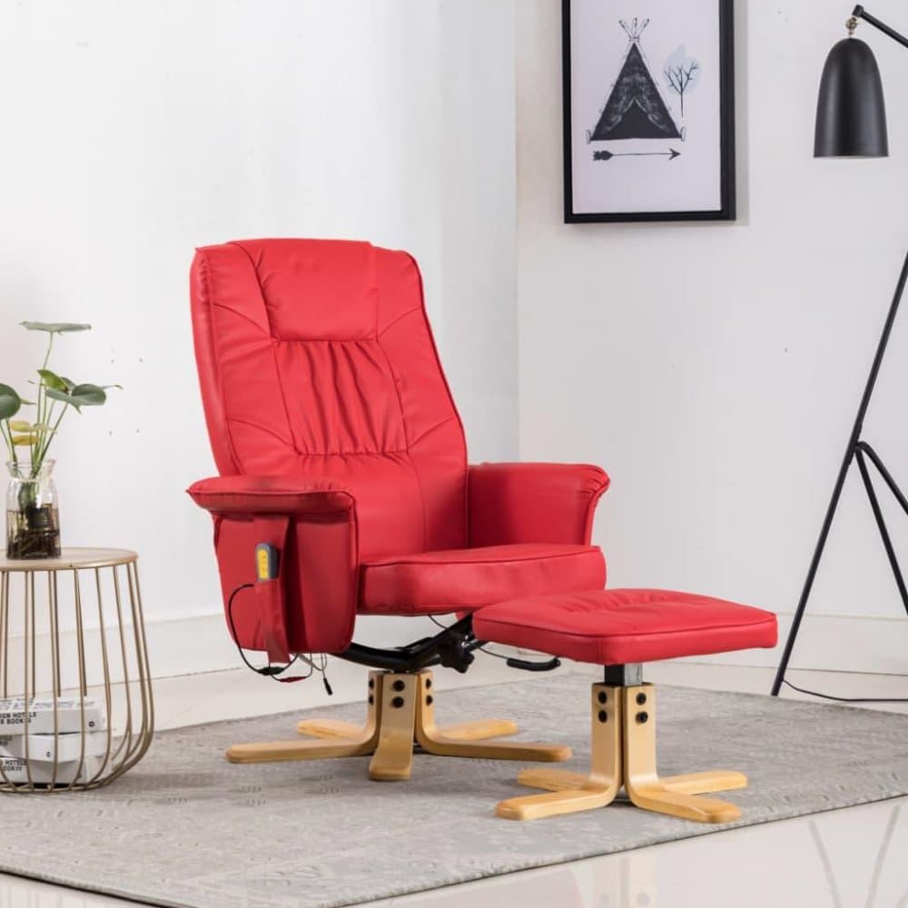Massagefåtölj med fotpall röd konstläder