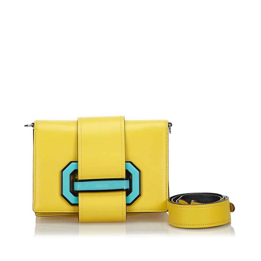 Pre-owned Prada Leather Plex Ribbon Geometric Flap Bag Yellow