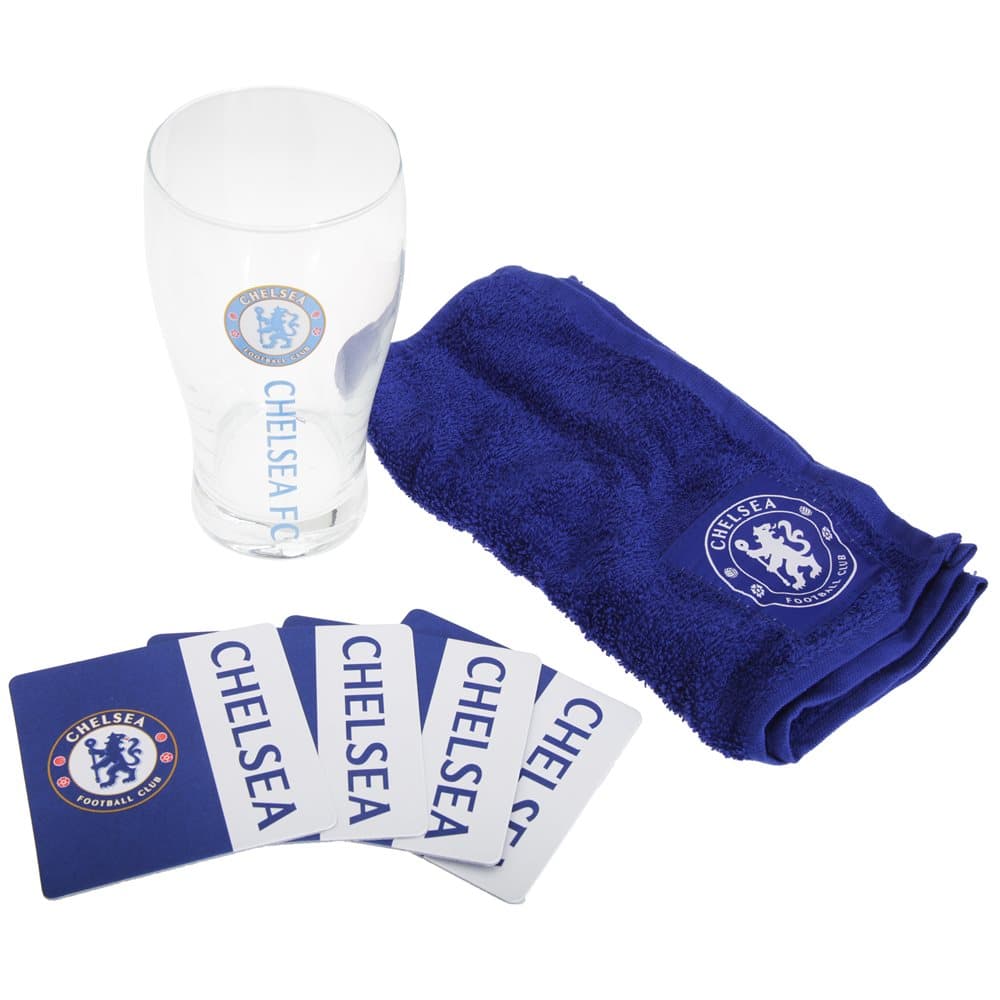 Chelsea FC Official Wordmark Mini Football Bar Set (Pint Glass, Towel & Beer Mats)