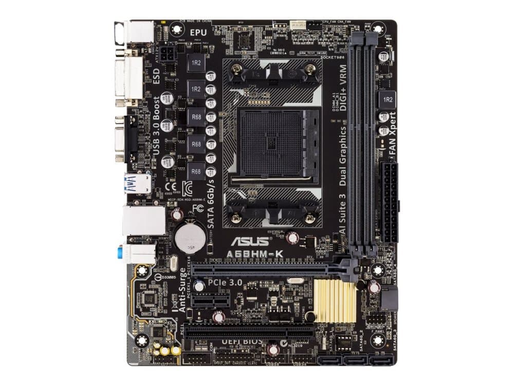 ASUS A68HM-K - Hovedkort - mikro ATX - Socket FM2+ - AMD A68H - USB 3.0 - Gigabit LAN - innbygd grafikk (CPU kreves) - HD-lyd (8-kanalers)