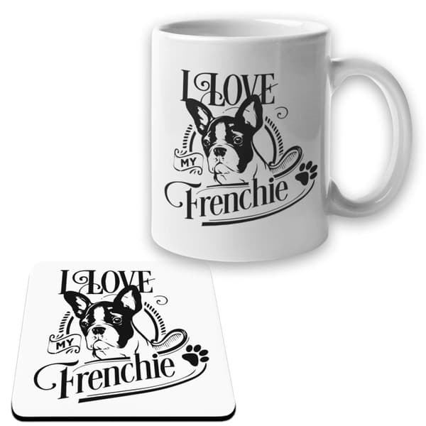 French Bulldog Mugg + Underlägg paket I Love Frenchie hund set