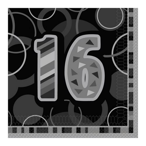 Bild av Unique Party Black Glitz 16th Birthday Party servetter