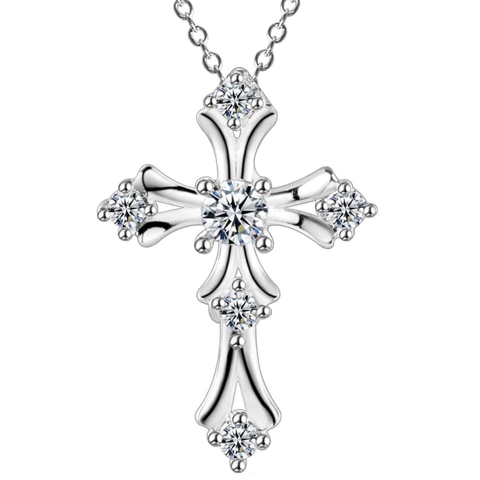 Vackert Silver Halsband - Litet Kors med Vita CZ Kristaller