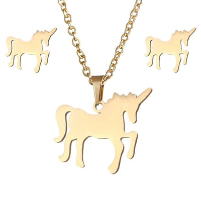 Guld Smyckesset - Halsband & Örhängen - Enhörning / Unicorn