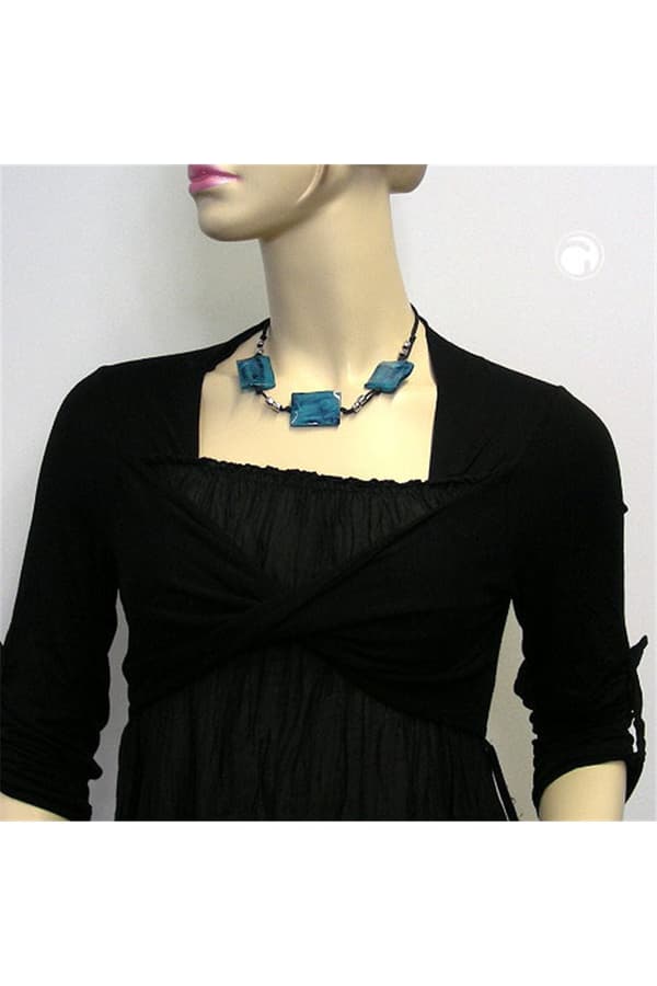 Necklace 3 Large Pillow Beads Waved Turquoise/Blue - GL00904