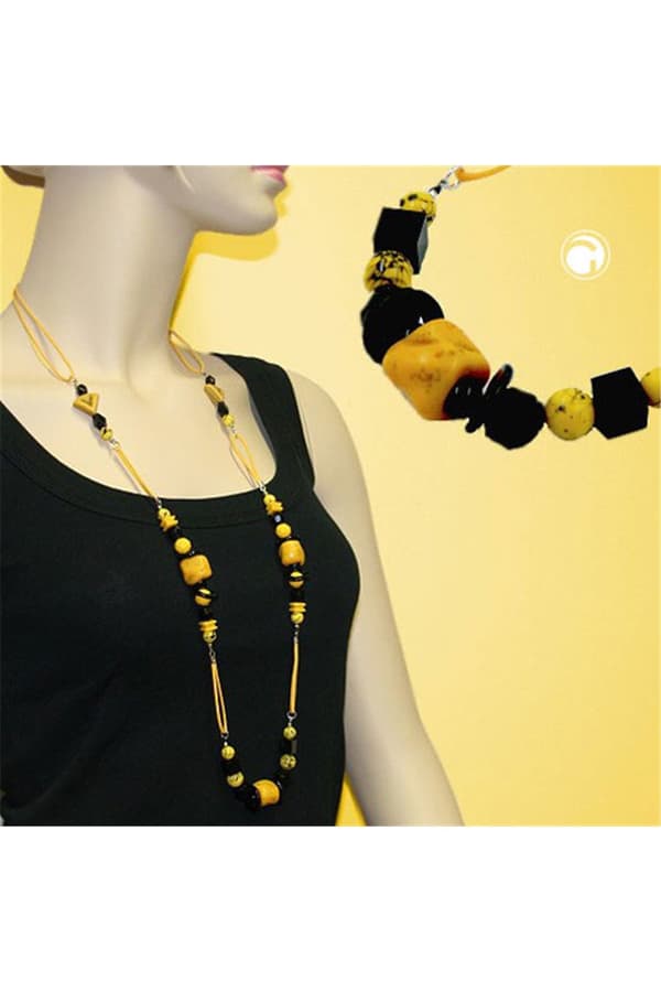 Necklace Stone-Pearl Yellow Black 90cm - GL02451