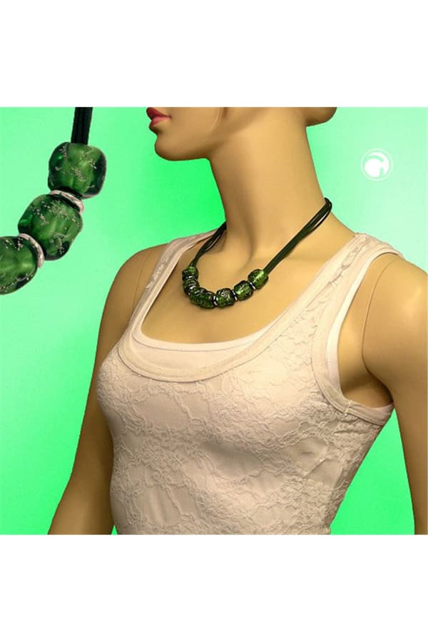 Necklace Stone Bead Green-Silver 50cm - GL02091