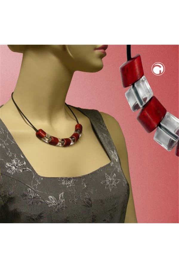 Necklace Beads Red-Silver 45cm - GL02209