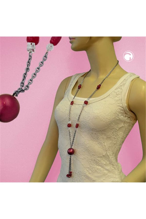 Necklace Pink-Grey Beads 95cm - GL01987