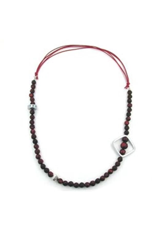 Necklace Red Beads Chrome Coloured Square Bead - GL00784