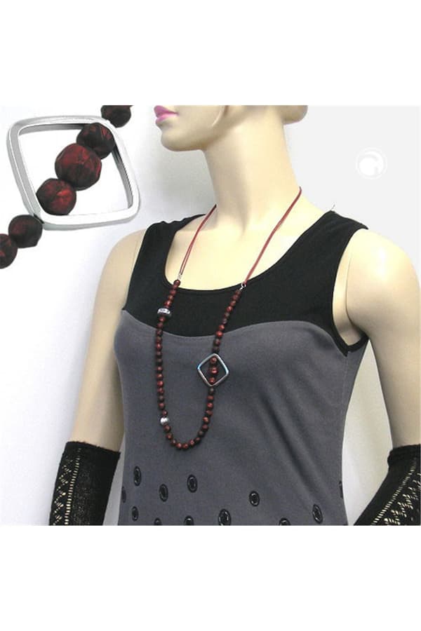 Necklace Red Beads Chrome Coloured Square Bead - GL00784