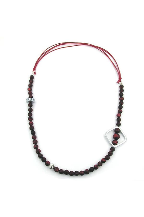 Necklace Red Beads Chrome Coloured Square Bead - GL00784