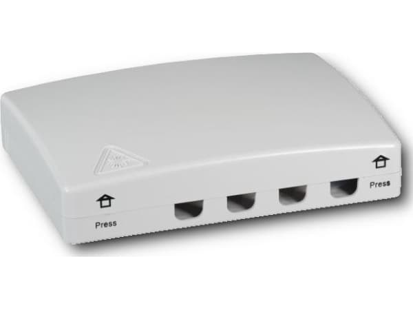 FTTH innendørs koblingsboks for 4 fibre, 4 koblinger, holder for overflødig fiber (FTTH-BOX-IN-1)