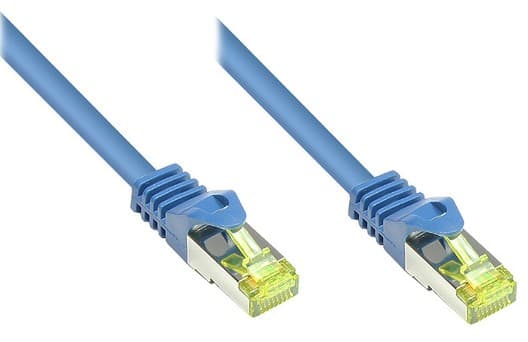 RJ45 Patchkabel mitCat.7 Rohkabel und Rastnasenschutz (RNS®), S/FTP, PiMF, halogenfrei, 600MHz, OFC, blau, 30m, Good Connections® (8070R-300B)