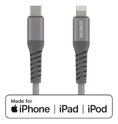 DELTACO USB-C til Lightning 1m Klud Dækket, USB 2.0, Grå