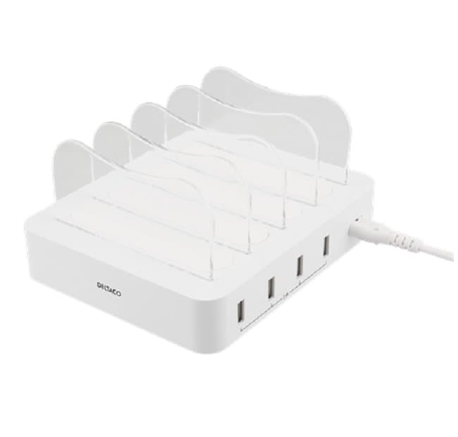 DELTACO USB Mobile Box Opladningsstation 4x2.4A USB-porte Hvid