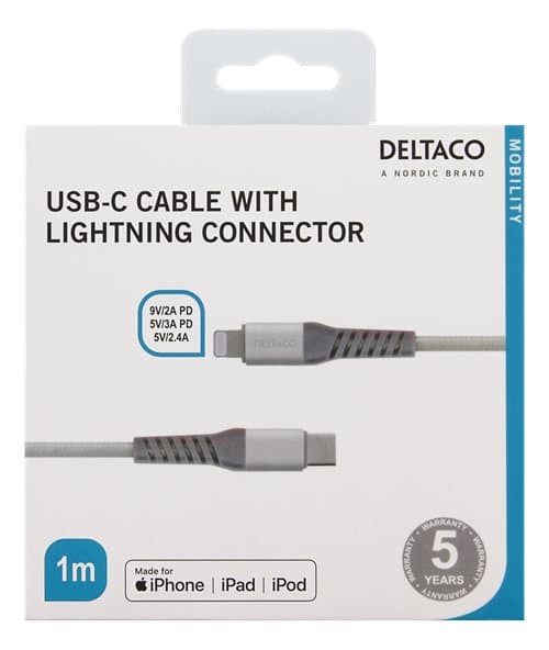 DELTACO USB-C till Lightning 1m Tygbeklädd, USB 2.0, Silver