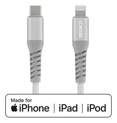 DELTACO USB-C till Lightning 1m Tygbeklädd, USB 2.0, Silver