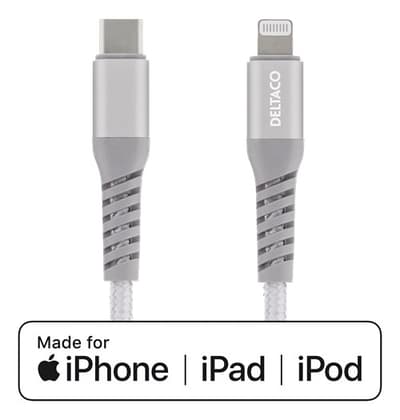 DELTACO USB-C til Lightning 1m Klud Dækket, USB 2.0, Sølv