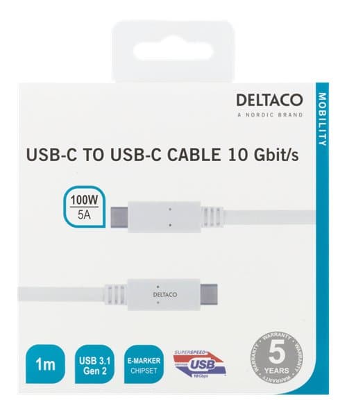 DELTACO USB-C - USB-C 1m USB Kabel 3.1 Gen2  Chipset 100W 5A Vit