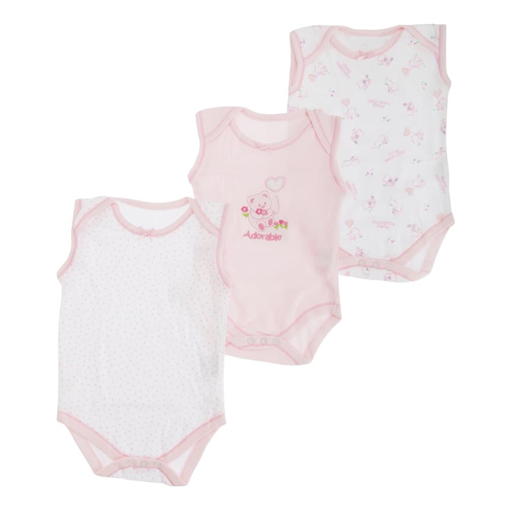 Baby Girls Bear Pattern Sleeveless Bodysuits (Pack Of 3)