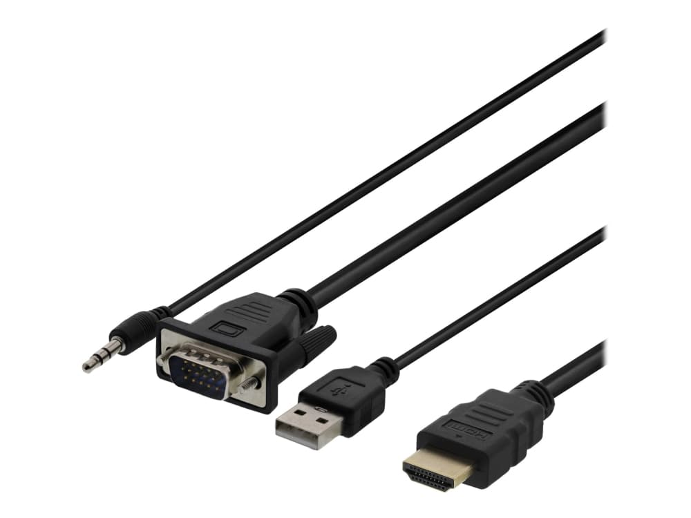 DELTACO - HDMI-kabel - HDMI/VGA/ljud/USB - HDMI (hane) till USB, HD-15 (VGA), minijack (hane) - 2 m - svart - tumskruvar, stöd för 1080p