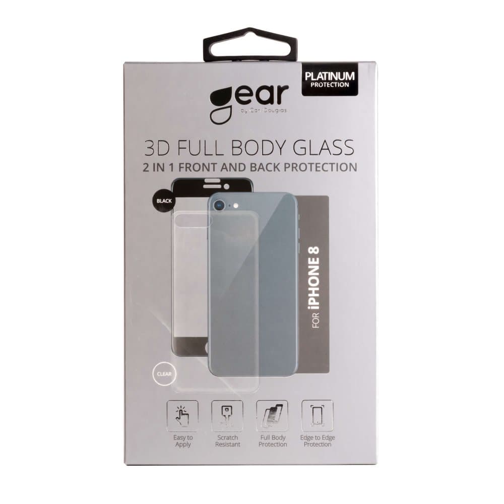 GEAR Härdat Glas 3D 2in1 Front & Back iPhone8 Edge to Edge Svart med Klar baksida