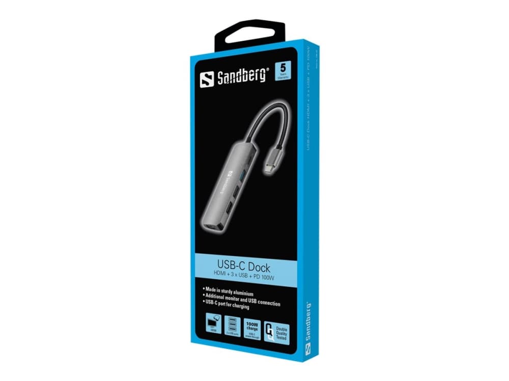 Sandberg USB-C Dock HDMI+3xUSB+PD 100W - Dockningsstation - USB-C - HDMI