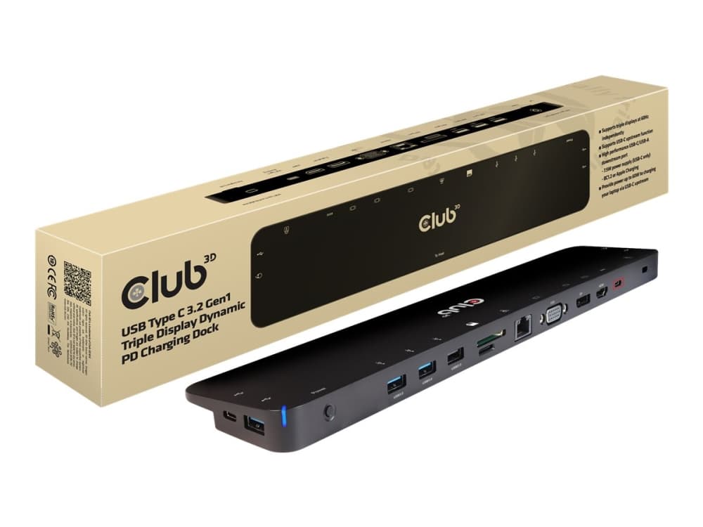 Club3D USB Type C 3.2 Gen1 Triple Display Dynamic PD Charging Dock - Dokkingstasjon - USB-C 3.2 - VGA, HDMI, DP - GigE - 60 watt