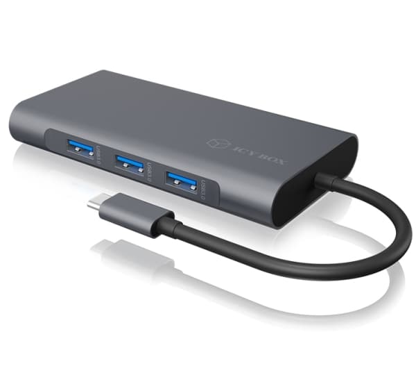 ICY BOX IB-DK4040-CPD, Koblet med ledninger (ikke trådløs), USB 3.2 Gen 1 (3.1 Gen 1) Type-C, 3,5 mm, 10,100,1000 Mbit/s, Antrasitt, Svart, MicroSD (