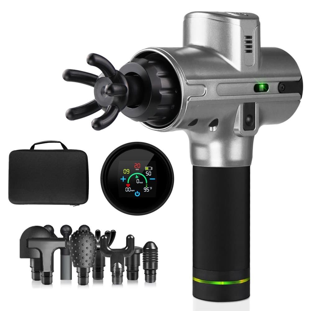 Massagepistol med LCD Touch skärm 9 olika lägen 8st munstycken