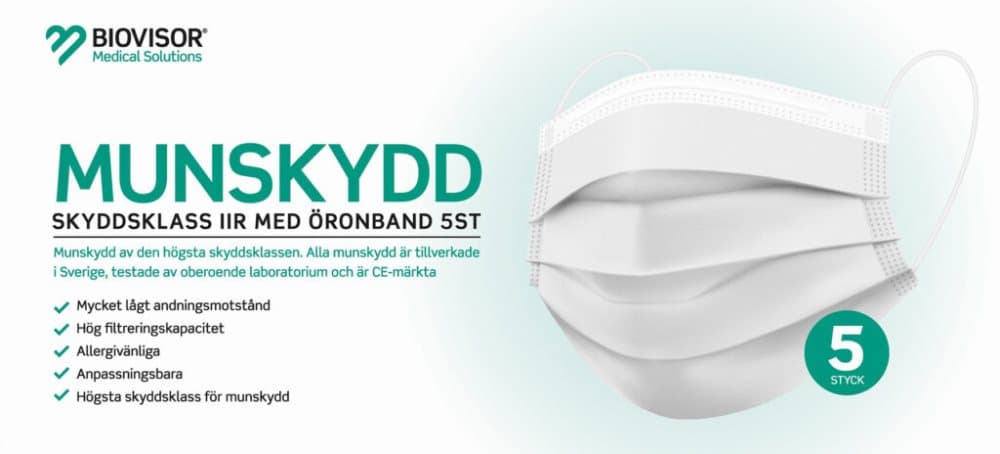 Svensktillverkade CE märkta munskydd, 5-pack, högsta skyddsklass IIR