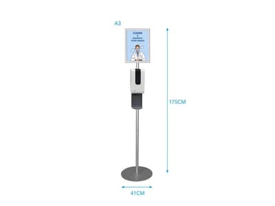 Hygienisk och smidigt golvstativ med automatisk dispenserhållare för flytande desinfektion med en informationsskylt.