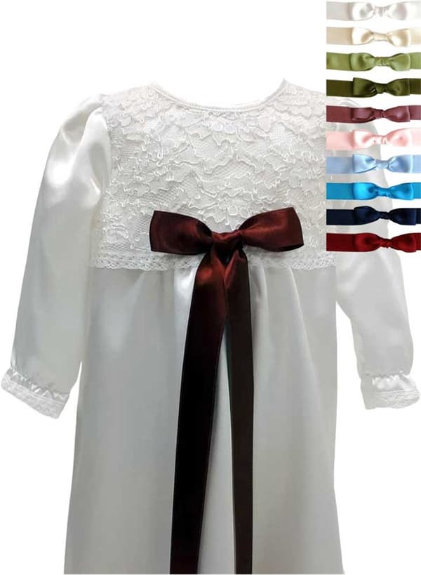 White lace Baptism gown with long sleeve, 10 bow options - Ma.V.la