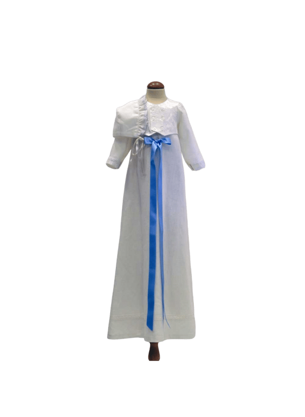 Christening gown for boys,  In linen with brocade vest and bonnet, 10 choices of bow