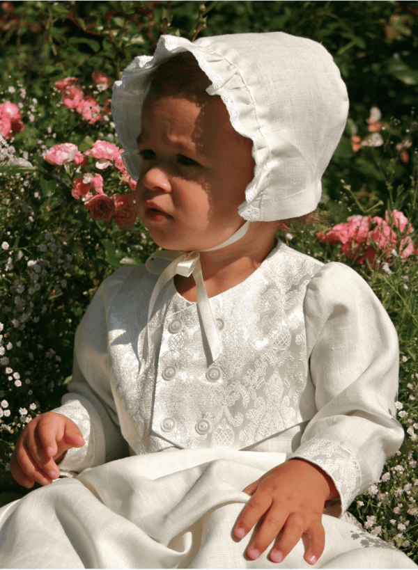 Christening gown for boys,  In linen with brocade vest and bonnet, 10 choices of bow