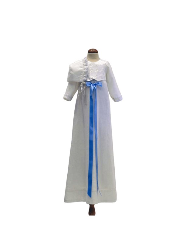 Christening gown for boys,  In linen with brocade vest and bonnet, 10 choices of bow