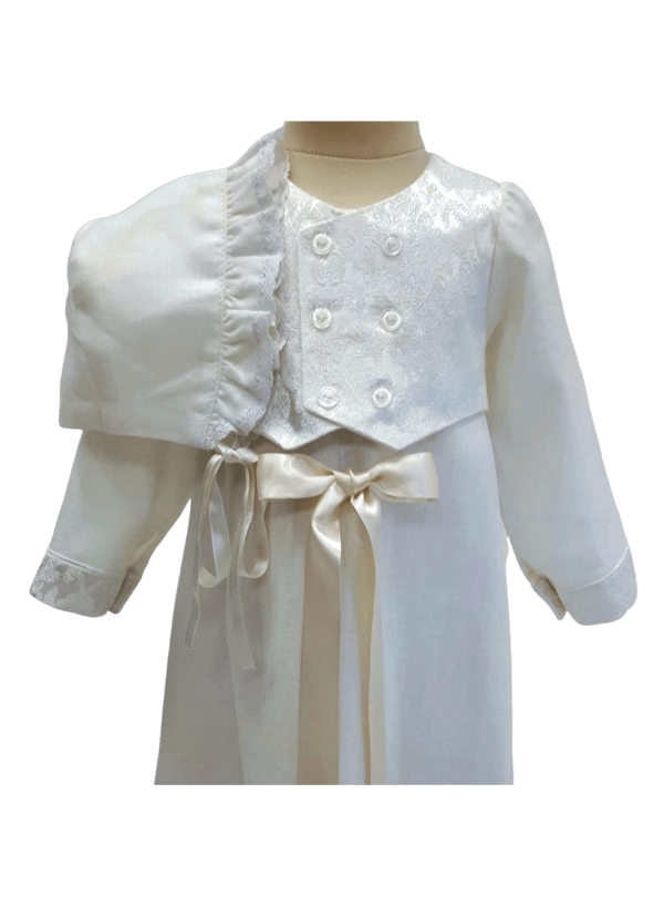 Christening gown for boys,  In linen with brocade vest and bonnet, 10 choices of bow